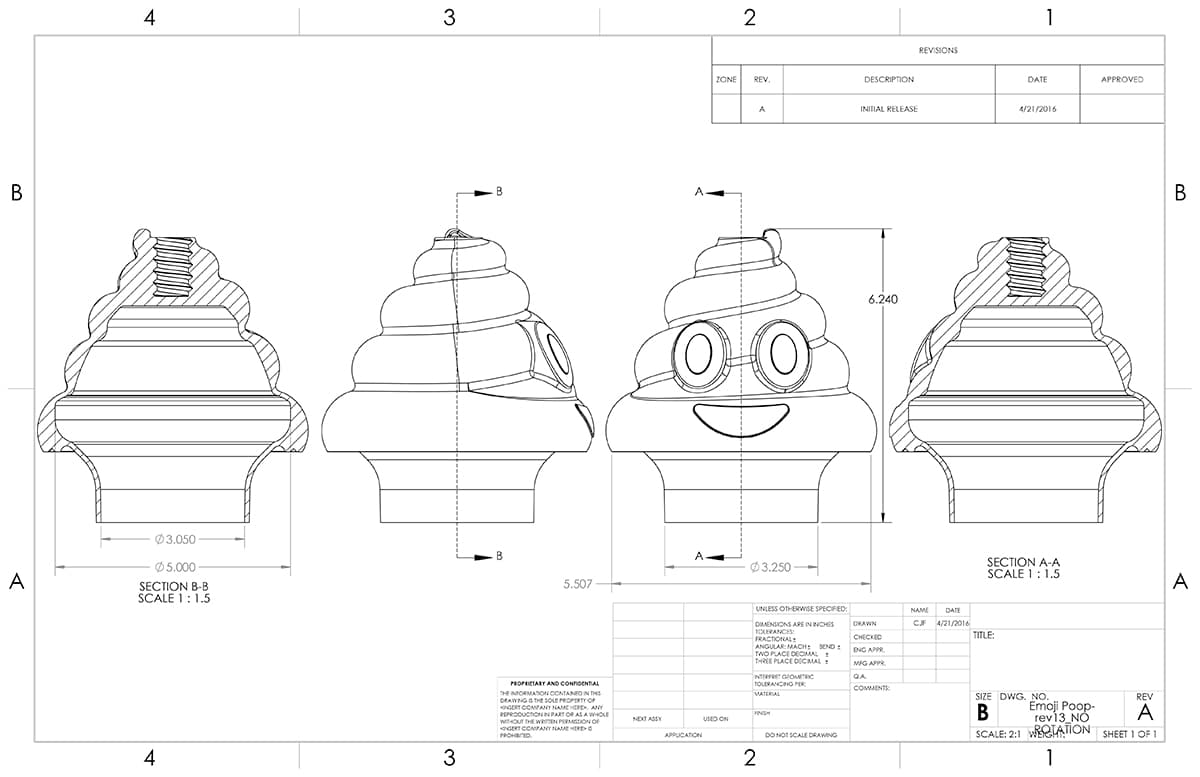 Technical drawing: the PooPlunger emoji cup, multiple orthographic views and sections, rev 13